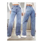 WODDİ Alice Kadın 90's Kar Yıkama Mavi Likralı Süper Yüksek Bel Salaş Jeans Palazzo Kot Pantolon