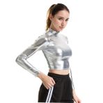 WOFASHPURET Kadın Büstiyer Üst Parlak Patent Deri Sahne Elbisesi Kol Cosplay Giyim Gümüş Renk Beden Xxl