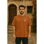 wolka Tunus Posta Pulu Baskılı %100 Pamuk Oversize Bisiklet Yaka Kahverengi Erkek T-shirt