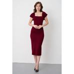 WOMAN VISION Bordo Krep Kumaş Kare Yaka Yırtmaçlı Tasarım Midi Kalem Elbise 99157