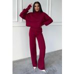 WOMAN VISION Crop El Geçmeli Balıkçı Yaka Kazak ve Yüksek Bel Triko Pantolon Alt Üst Bordo Triko Takım 015