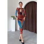 WOMAN VISION Kadın Astarlı Batik Desen Tül Kumaş Göğüs Dekolteli Midi Abiye Elbise 322