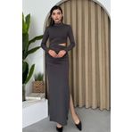 WOMAN VISION Kadın Esnek Füme Sandy Kumaş Dik Yaka Yırtmaç ve Bel Dekolteli Midi Abiye Elbise 313
