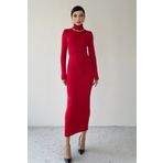 WOMAN VISION Kadın Esnek Kırmızı Sandy Kumaş Balıkçı Yaka Büzgü Tasarımlı Midi Abiye Elbise 315
