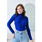 WOMAN VISION Kadın Esnek Kumaş Asimetrik Kesim Uzun Kollu Dik Yaka Saks Mavi Kadın Bluz 9871