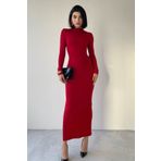WOMAN VISION Kadın Kırmızı Sandy Kumaş Sırt Dekolteli Bağlama ve Yırtmaç Tasarımlı Midi Abiye Elbise 327