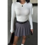 WOMAN VISION Kadın Likralı Kumaş Crop Kesim Uzun Kollu Bisiklet Yaka Beyaz Crop Bluz 12973
