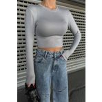 WOMAN VISION Kadın Likralı Kumaş Crop Kesim Uzun Kollu Bisiklet Yaka Gri Crop Bluz 12973