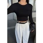 WOMAN VISION Kadın Likralı Kumaş Crop Kesim Uzun Kollu Bisiklet Yaka Siyah Crop Bluz 12973
