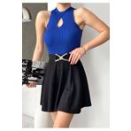 WOMAN VISION Kadın Modern Kesim Kolsuz Yaka Detaylı Saks Mavi Bluz 0285