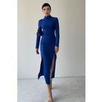WOMAN VISION Kadın Saks Mavi Atlas Kumaş Yarım Balıkçı Yaka Çift Yırtmaçı Midi Abiye Elbise 339