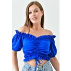 WOMAN VISION Kadın Saks Mavi Krep Kumaş Carmen Yaka Büzgü ve Bağcıklı Tasarım Kısa Kollu Crop Bluz 5027