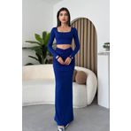 WOMAN VISION Kadın Saks Mavi Sandy Kumaş U Yaka Crop Bluz Yüksek Bel Büzgülü Maxi Etek İkili Bluz Etek Takım 312