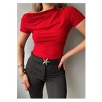 WOMAN VISION Kadın Sandy Kumaş Drapeli Kısa Kollu Crop Kırmızı Bluz 13433