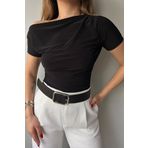 WOMAN VISION Kadın Sandy Kumaş Drapeli Kısa Kollu Crop Siyah Bluz 13433