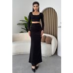 WOMAN VISION Kadın Siyah Sandy Kumaş U Yaka Crop Bluz Yüksek Bel Büzgü Detay Maxi Etek İkili Bluz Etek Takım 312