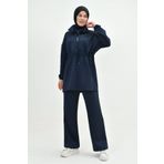 WOMAN VISION Modest Scuba Kumaş Uzun Kollu Sweatshirt ve Yüksek Bel Pantolon Alt Üst Lacivert Tesettür Takım 1024