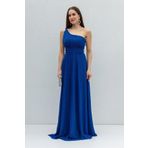 WOMAN VISION Saks Mavi Astarlı Parlak Simli Kumaş Tek Omuz Asimetrik Yaka Maxi Boy Abiye Elbise 38995