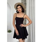 WOMAN VISION Siyah Atlas Kumaş Ayarlanabilir Askılı Sırt Bağlama Detay Kloş Mini Elbise 362