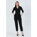 WOMAN VISION Siyah Scuba Krep Kumaş Kruvaze Yaka Uzun Kollu Tulum 32044