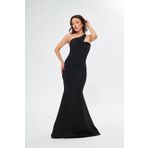 WOMAN VISION Siyah Scuba Kumaş Asimetrik Yaka Tasarım Maxi Saks Mavi Elbise 582211
