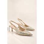 Women Lay-z Kadın Bej Saten Taşlı Sivri Burun 5,5 Cm Topuklu Şık Slingback Abiye Ayakkabı