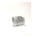 womenacs Gümüş Renk Lazer Kumaş Çiçek Motifli Taşlı Elde ve Askılı Abiye Portfoy Clutch Gece Çantası