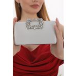 womenacs Gümüş Renk Saten Kumaş Çiçek Motifli Taşlı Elde ve Askılı Abiye Portfoy Clutch Gece Çantası