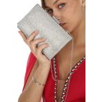 womenacs Gümüş Renk Taşlı Kadın Abiye Portföy Clutch Nişan Kına Gece Çanta Elde ve Uzun Askılı Kullanım