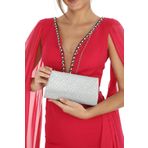 womenacs Gümüş Renk Taşlı Mıknatıslı Kapama Şık Abiye Clutch Portföy Nişan Kına Düğün Gece Çantası
