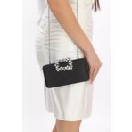 womenacs Siyah Renk Saten Kumaş Çiçek Motifli Taşlı Elde ve Askılı Abiye Portfoy Clutch Gece Çantası