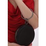 womenacs Siyah Renk Saten Kumaş Taşlı Bilezik Halkalı Abiye Portföy Clutch Düğün Çanta (Çapı 15 Cm)