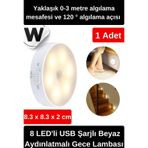 Wonara Özel Tasarım Mıknatıslı 3 Modlu Hareket Sensörlü 8 LED'li USB Şarjlı Beyaz Aydınlatmalı Gece Lambası