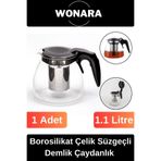 Wonara Özel Üretim Modern Isıya Dayanıklı Borosilikat Çaydanlık Bitki Çayı Çelik Süzgeçli Demlik 1.1 Lt