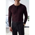 Wonraces Erkek Bordo Regular Fit Likralı Henley Düğmeli Yaka Mevsimlik İnce Sweatshirt