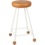 Wood Stone Art Tabure Sandalye Bar Taburesi Taba Suni Döşeme Oturma Yeri Beyaz Demir Ahşap Topuz - 65 CM