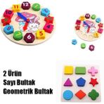 Wooden Toys  eğitici Ahşap Oyuncaklar 2in1 Set Tavşanlı Bultak Saat+Geometrik