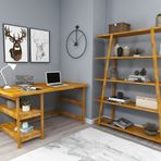 WOODFACE Softcity Doğal Ahşap 2 Bölüm Çalışma Masa 5 Raflı Kitaplık Takımı Özel Tasarım Uyumlu Meşe