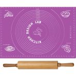 Woodhub 2 Li Set Mor 45X65 cm Silikon Hamur Açma Matı - 48 cm Dönerli Merdane - Pratik Hamur Açma Seti - Ahşap