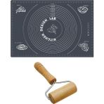 Woodhub 2'li Set Gri 45X65 cm Silikon Hamur Açma Matı ve Pratik Ahşap Saplı Silindir Hamur Açıcı
