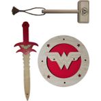 Woodhub Ahşap Oyuncak Seti, Wonder Woman Kalkanı + Kılıcı ve Ahşap Tor (Thor) Çekici - Ahşap Desenli