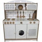 Woodhub Beyaz Tezgahlı Ham Ahşap Oyuncak Mutfak Hazeranlı Servis Setli - Ahşap Desenli
