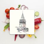 Woodhub Cam Kesme Tahtası Kare Galata Kulesi Desenli