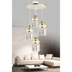 Woodhub Metal Eylül 4 Lü Beyaz Sarı Yaldızlı Sarkıt Kristal Taşlı Tepsi Lüks Salon Avizesi 4 E27 Beyaz Taşl