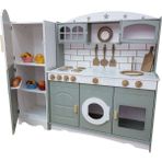 Woodhub Montessori Yeşil Oyuncak Mutfak ve Buzdolabı - Ahşap Desenli