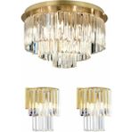 Woodhub Nilüfer Yuvarlak Eskitme 3 Parça Kristalli Taşlı Modern Tasarım Kristal Salon Avize-Aplik Seti - 1 - Ahşap