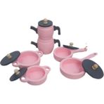 Woodhub Oyuncak Tencere Tava Çaydanlık Mutfak Seti(Pembe) - Ahşap Desenli