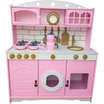 Woodhub Pembe Oyuncak Mutfak Seti (Çaydanlık Setli-Ledli) - Ahşap Desenli