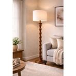 Woodlux Ahşap Lambader Keten Başlıklı Modern Dekoratif Zemin Lambası 160 cm E27
