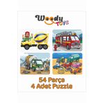 woody toys Çimento Arabası, İtfaiye, Arabalar 54 Parça Ahşap 4'lü Puzzle Set
